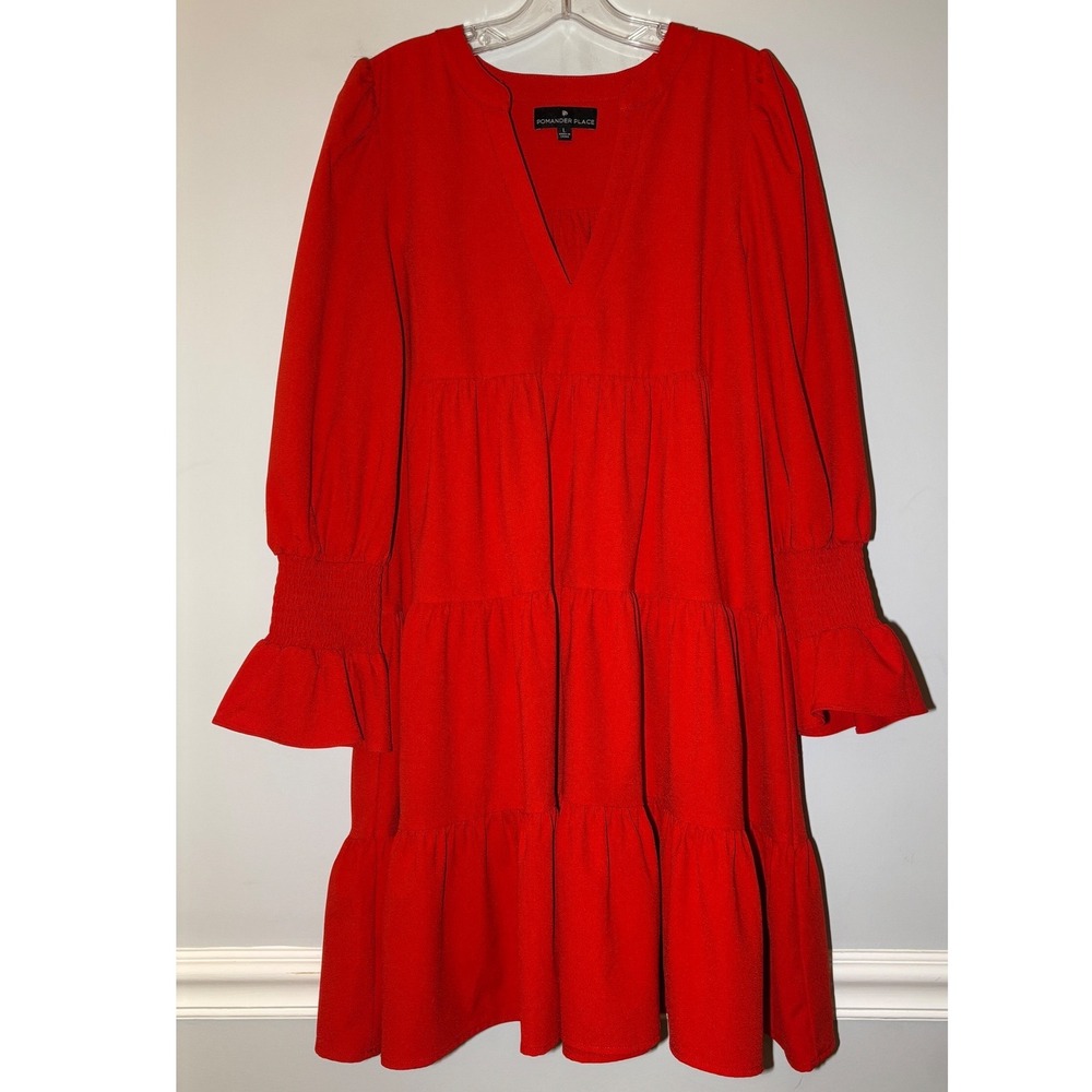 Pomander Place Dress Women Large Red Tiered‎ Long Sleeve V-Neck Smocked Mini